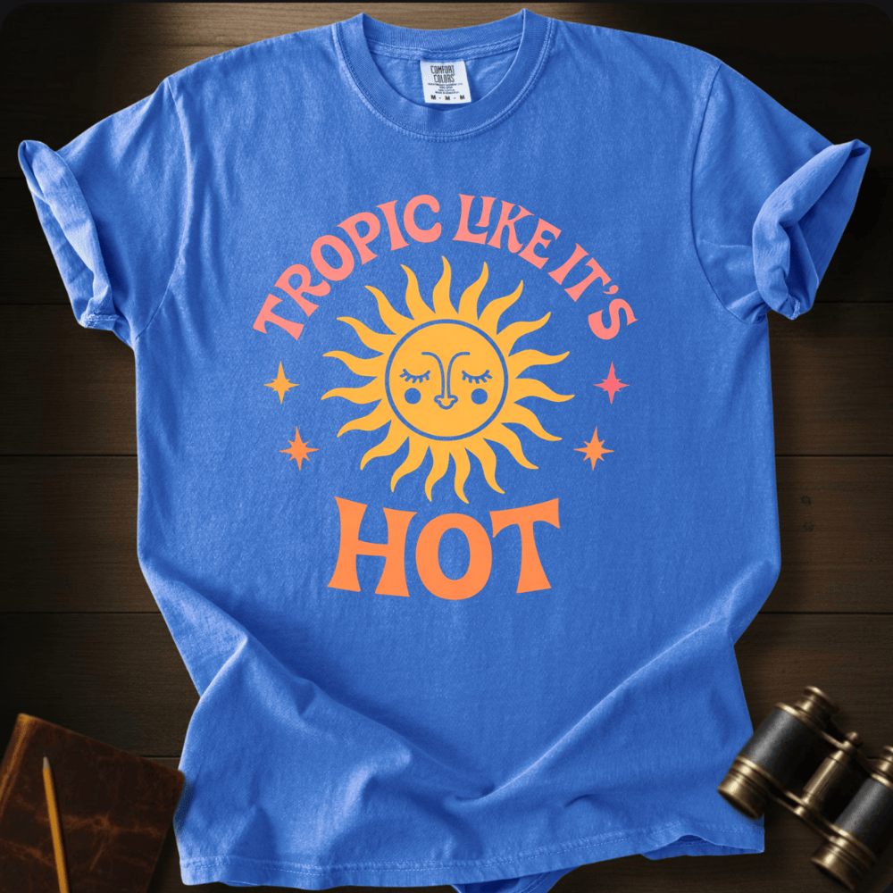 Full Sail Marine Tropic Like Its Hot sun face graphic Comfort Colors t-shirt in Royal Caribe – retro sunshine with sparkle stars tropical summer text design – front view