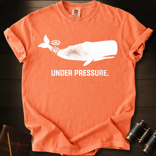 Full Sail Marine Under Pressure whale with pressure gauge funny graphic Comfort Colors t-shirt in bright salmon – humorous deep sea design – front view
