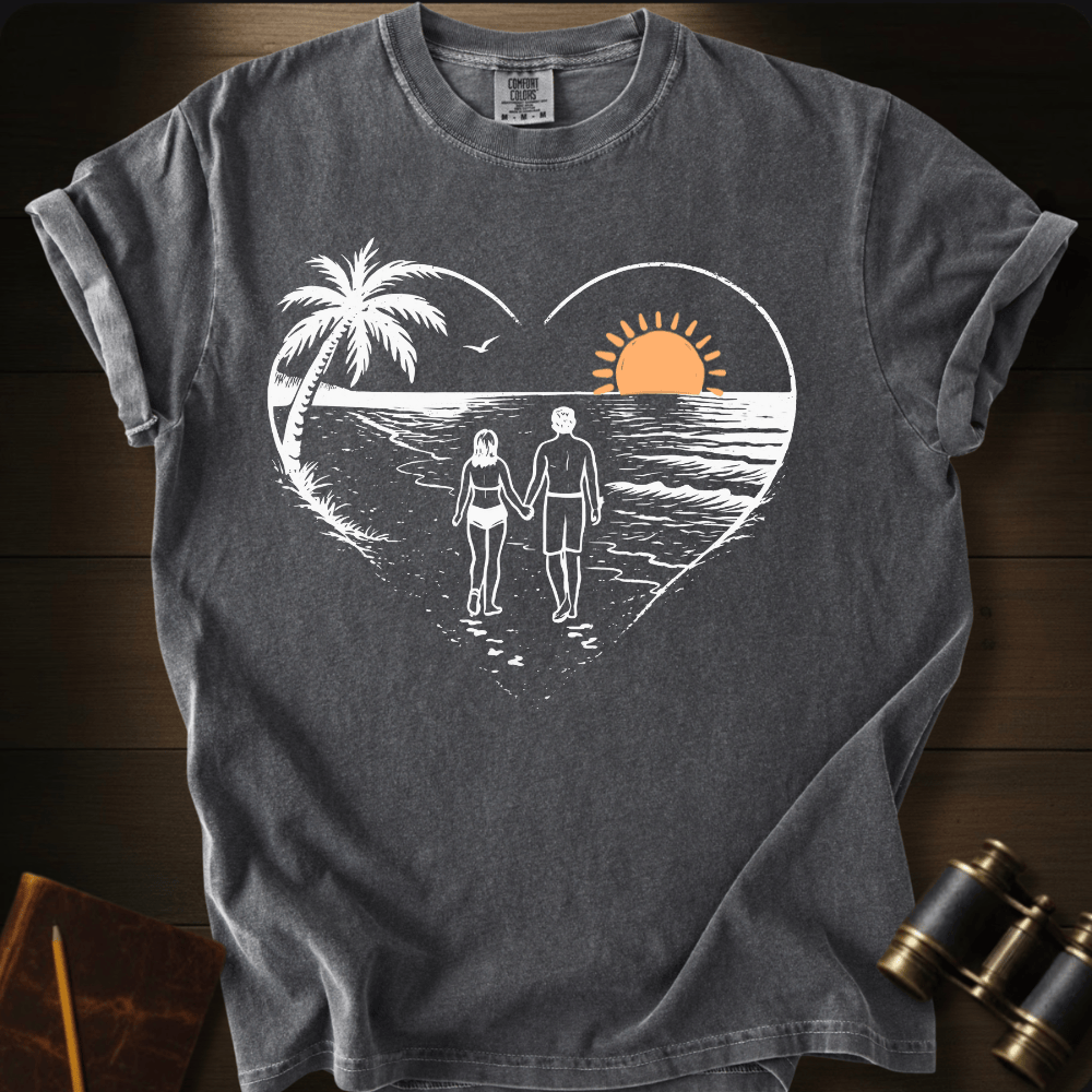 Full Sail Marine Sunset Walk beach couple heart graphic Comfort Colors t-shirt in pepper gray – romantic sunset palm tree ocean scene – front view
