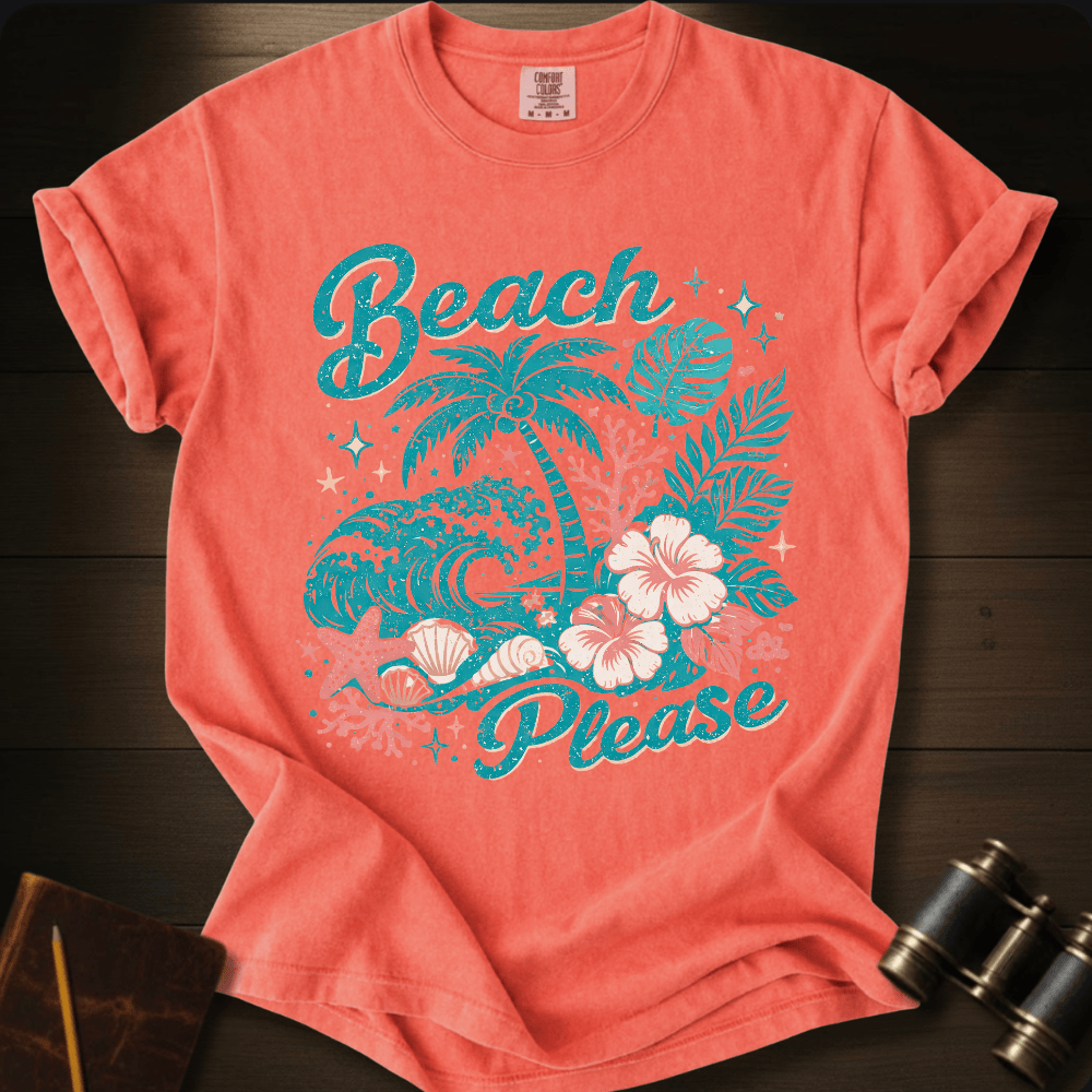 Full Sail Marine Beach Please tropical graphic Comfort Colors t-shirt in Bright Salmon – palm trees waves hibiscus flowers starfish seashells beach art design – front view