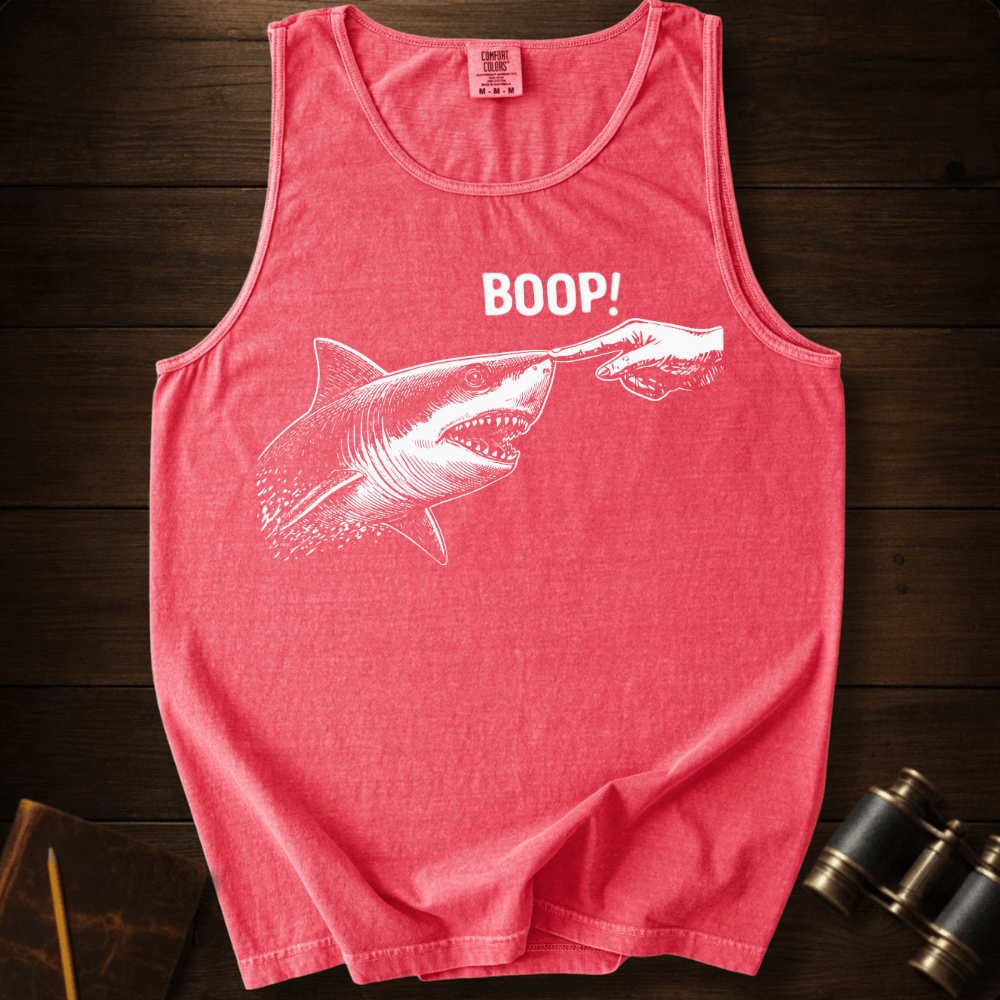 Full Sail Marine Boop shark nose touch graphic Comfort Colors tank top in Watermelon – great white shark booping finger ocean art funny design – front view