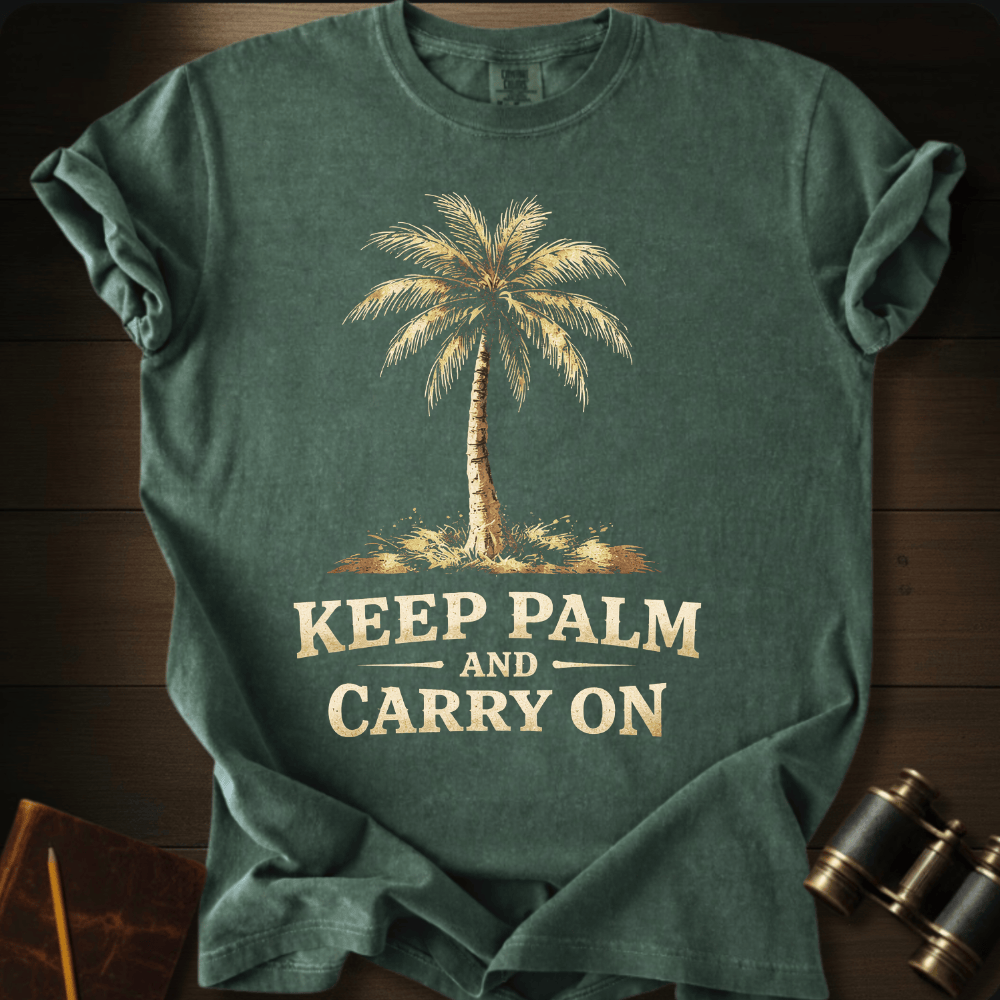 Full Sail Marine Keep Palm and Carry On vintage palm tree graphic Comfort Colors t-shirt in hemp green – tropical beach parody design – front view