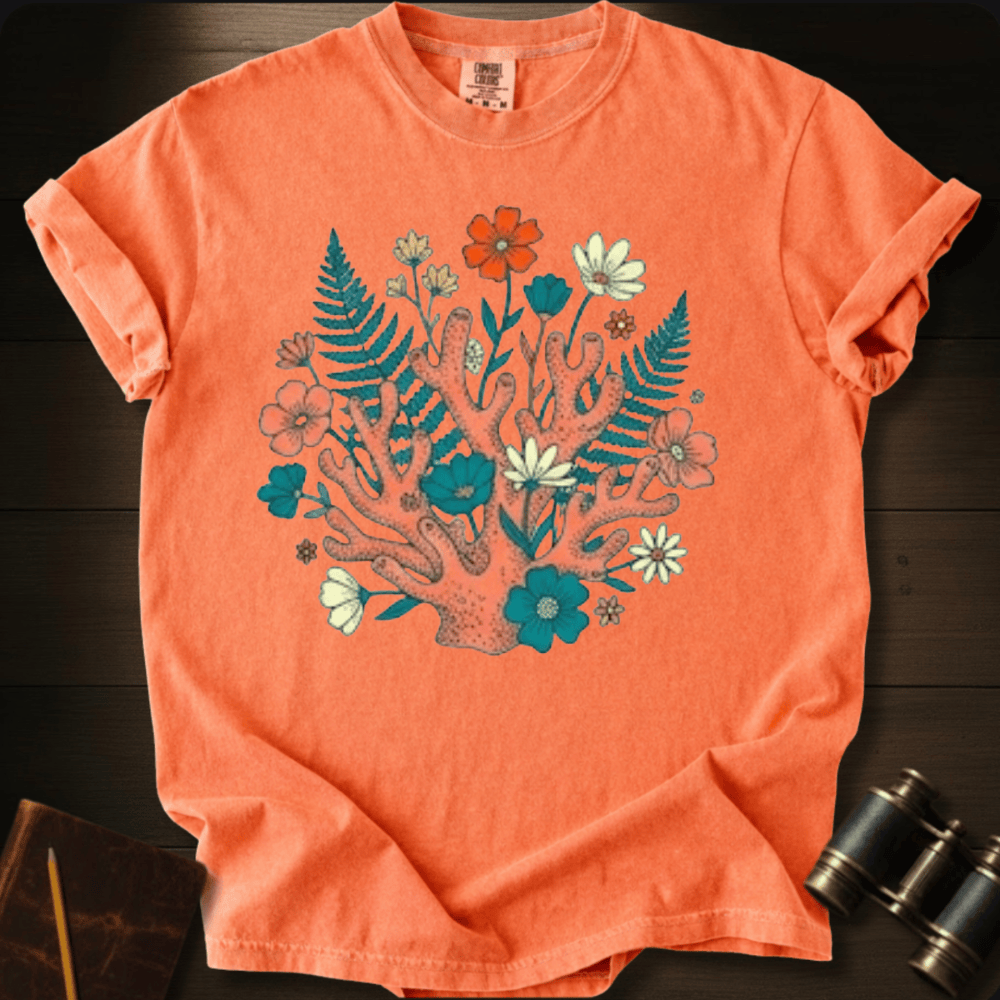 Full Sail Marine Ocean Garden coral reef and wildflower graphic Comfort Colors t-shirt in bright salmon – botanical ocean art design – front view