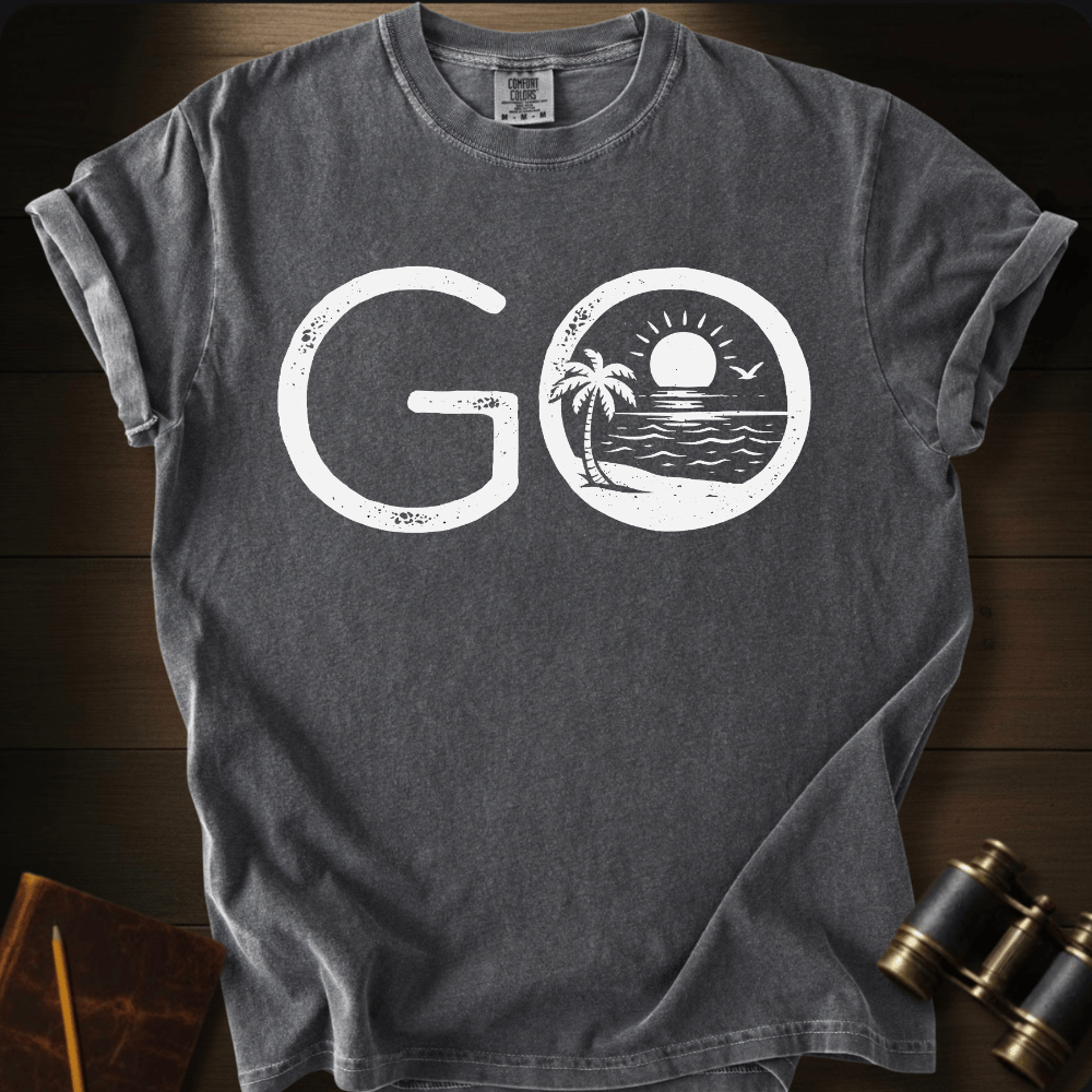 Full Sail Marine Go! tropical beach palm tree graphic Comfort Colors t-shirt in pepper gray – GO text with sunset ocean scene – front view