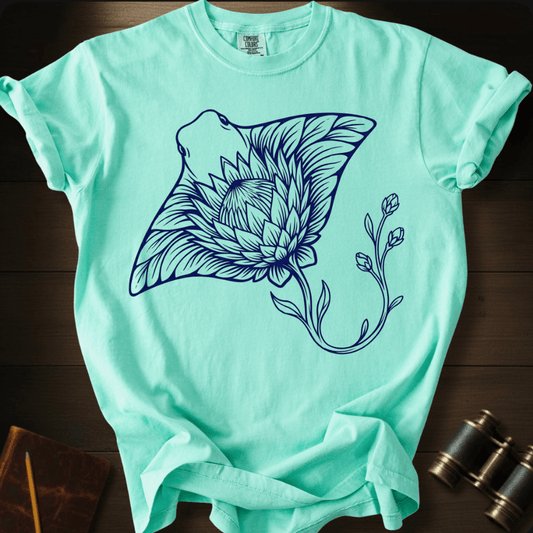 Full Sail Marine Floral Stingray graphic Comfort Colors t-shirt in island reef – botanical flower stingray ocean art design – front view
