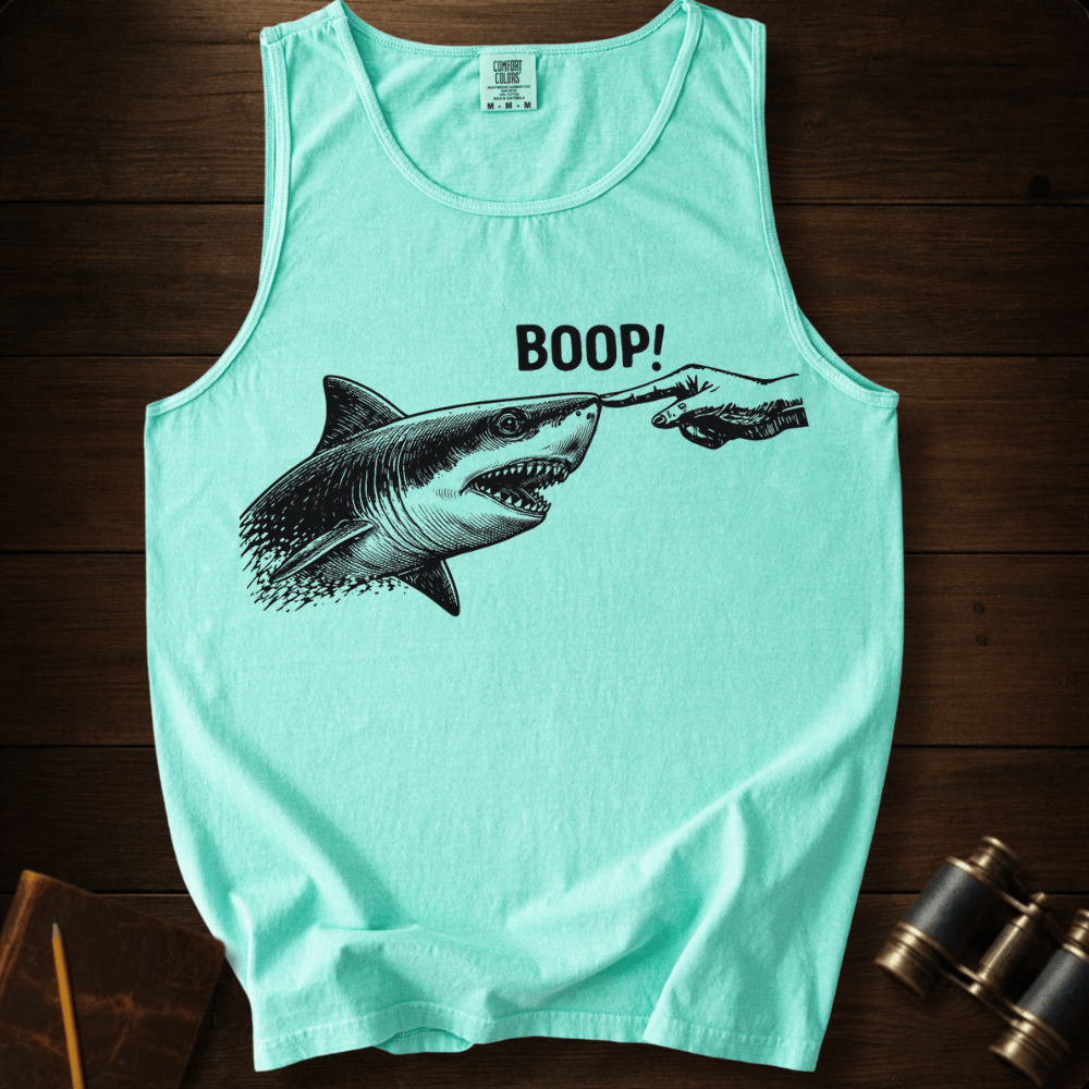 Full Sail Marine Boop shark nose touch graphic Comfort Colors tank top in Island Reef – great white shark booping finger ocean art funny design – front view