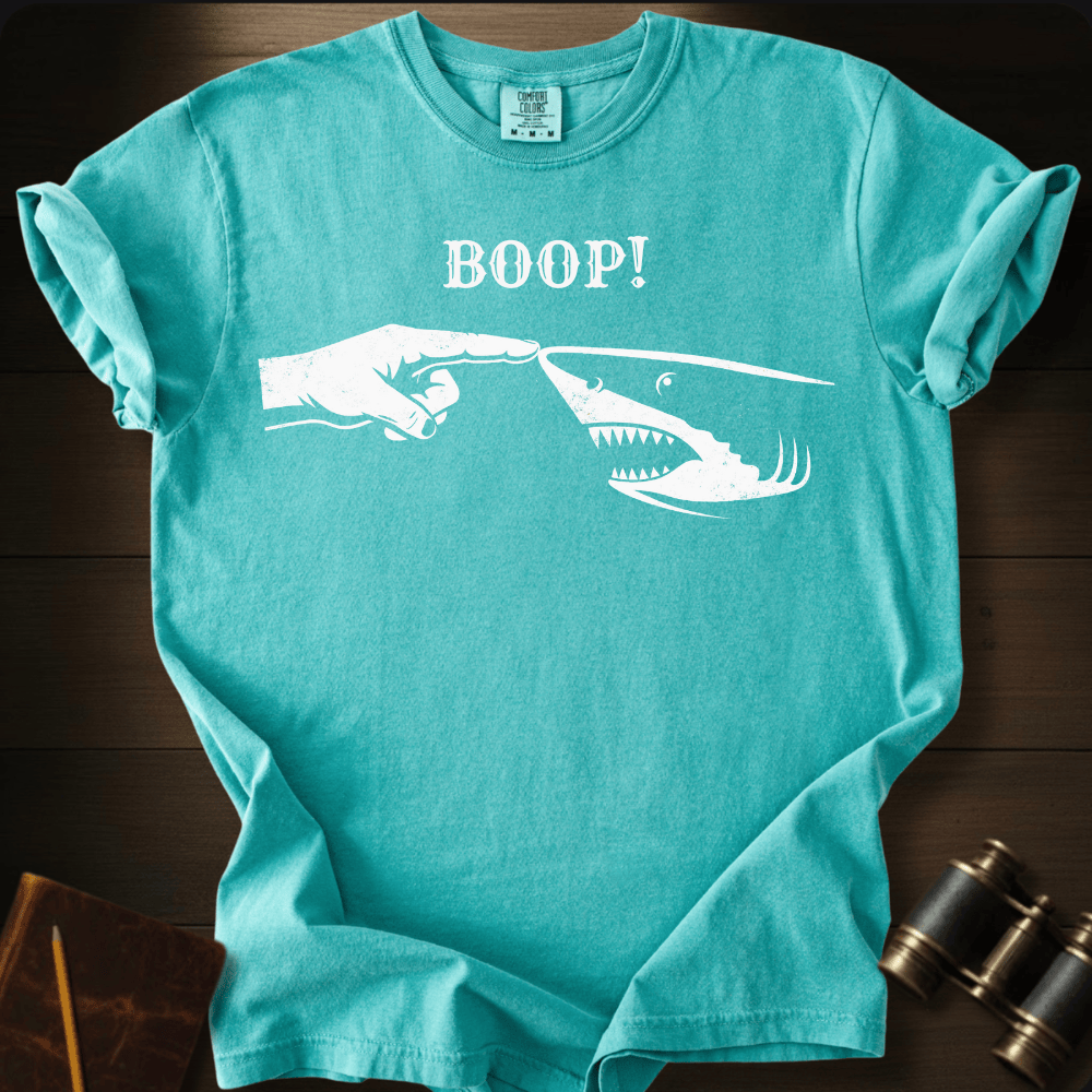 Full Sail Marine Boop shark nose touch graphic Comfort Colors t-shirt in Seafoam – great white shark booping finger ocean art funny design – front view