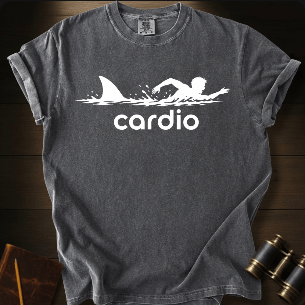 Cardio shark ocean humor graphic on a Comfort Colors unisex tee – Full Sail Marine nautical apparel