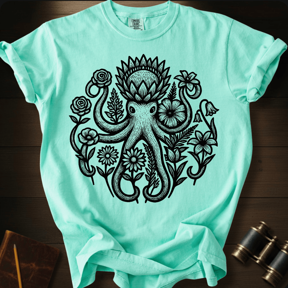 Full Sail Marine Savage Bloom floral octopus graphic Comfort Colors t-shirt in island reef – detailed botanical kraken ocean art design – front view