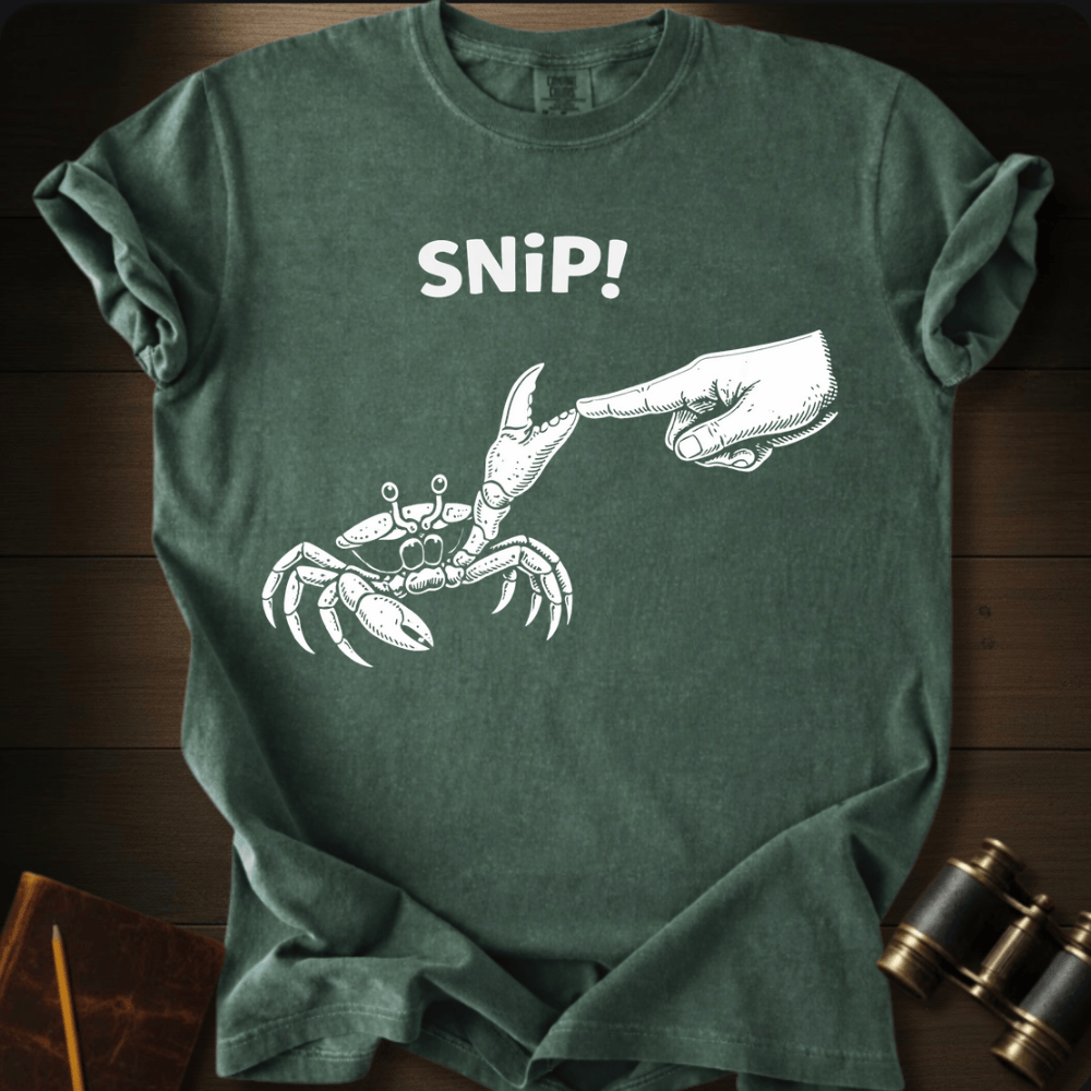Full Sail Marine Snip! crab and hand graphic Comfort Colors t-shirt in moss green – white crab claw snipping hand with SNiP text design – front view