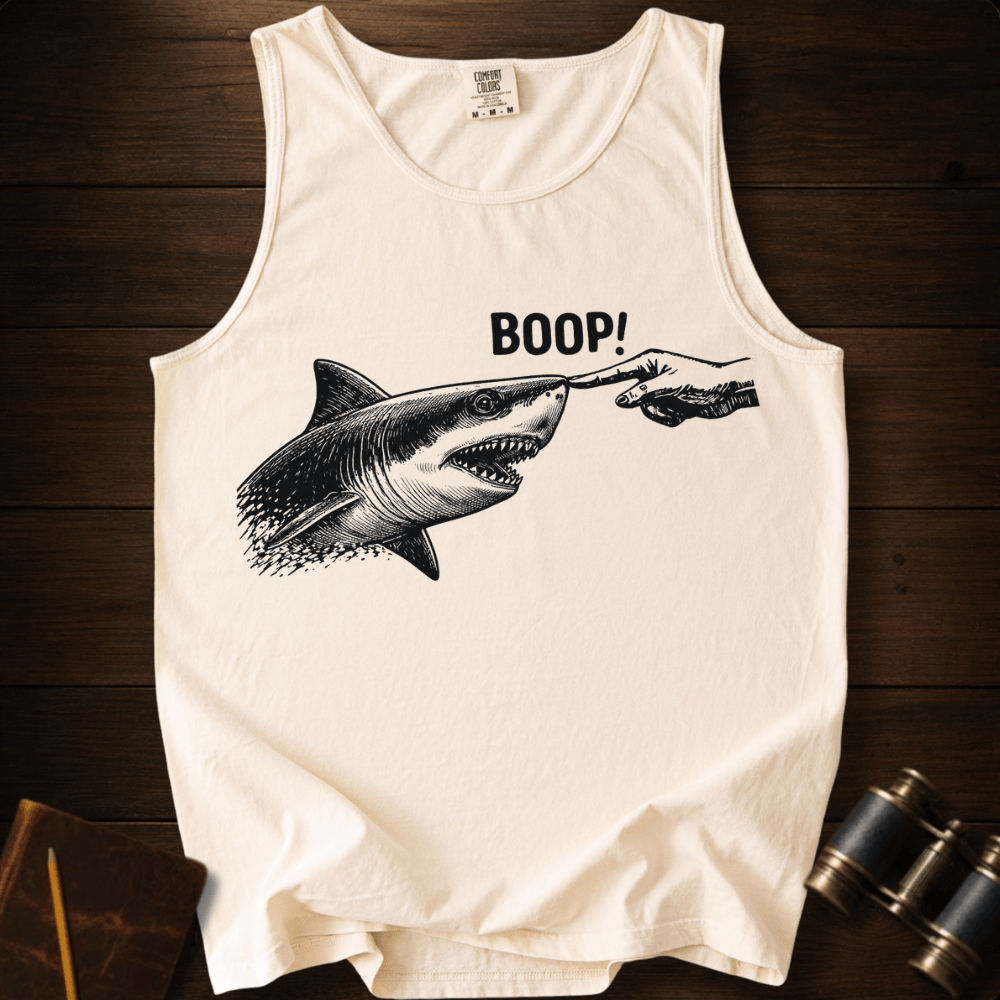 Full Sail Marine Boop shark nose touch graphic Comfort Colors tank top in Ivory – great white shark booping finger ocean art funny design – front view