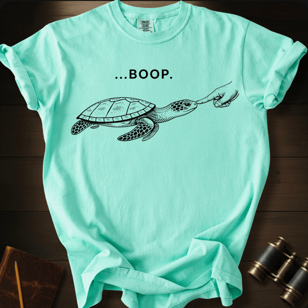 Full Sail Marine Turtle Boop sea turtle graphic Comfort Colors t-shirt in island reef – cute sea turtle reaching flipper with BOOP text design – front view