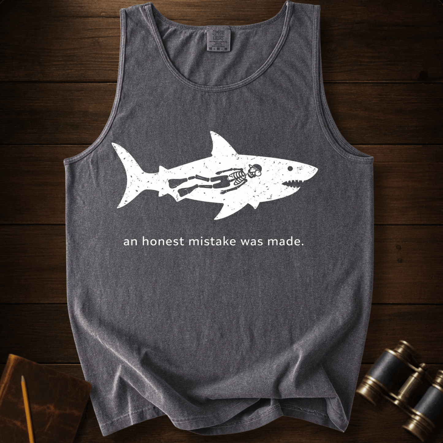 Full Sail Marine An Honest Mistake shark skeleton graphic Comfort Colors tank top in Grey – funny ocean art quote design – front view