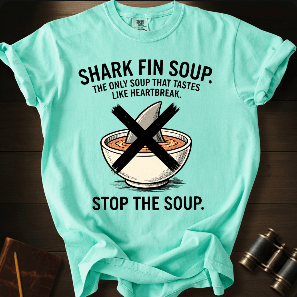 Stop the Soup shark conservation graphic on a Comfort Colors t-shirt – Full Sail Marine ocean apparel