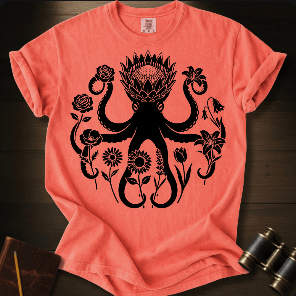 Full Sail Marine Wild Bloom Kraken floral octopus graphic Comfort Colors t-shirt in bright salmon – botanical kraken ocean art design – front view
