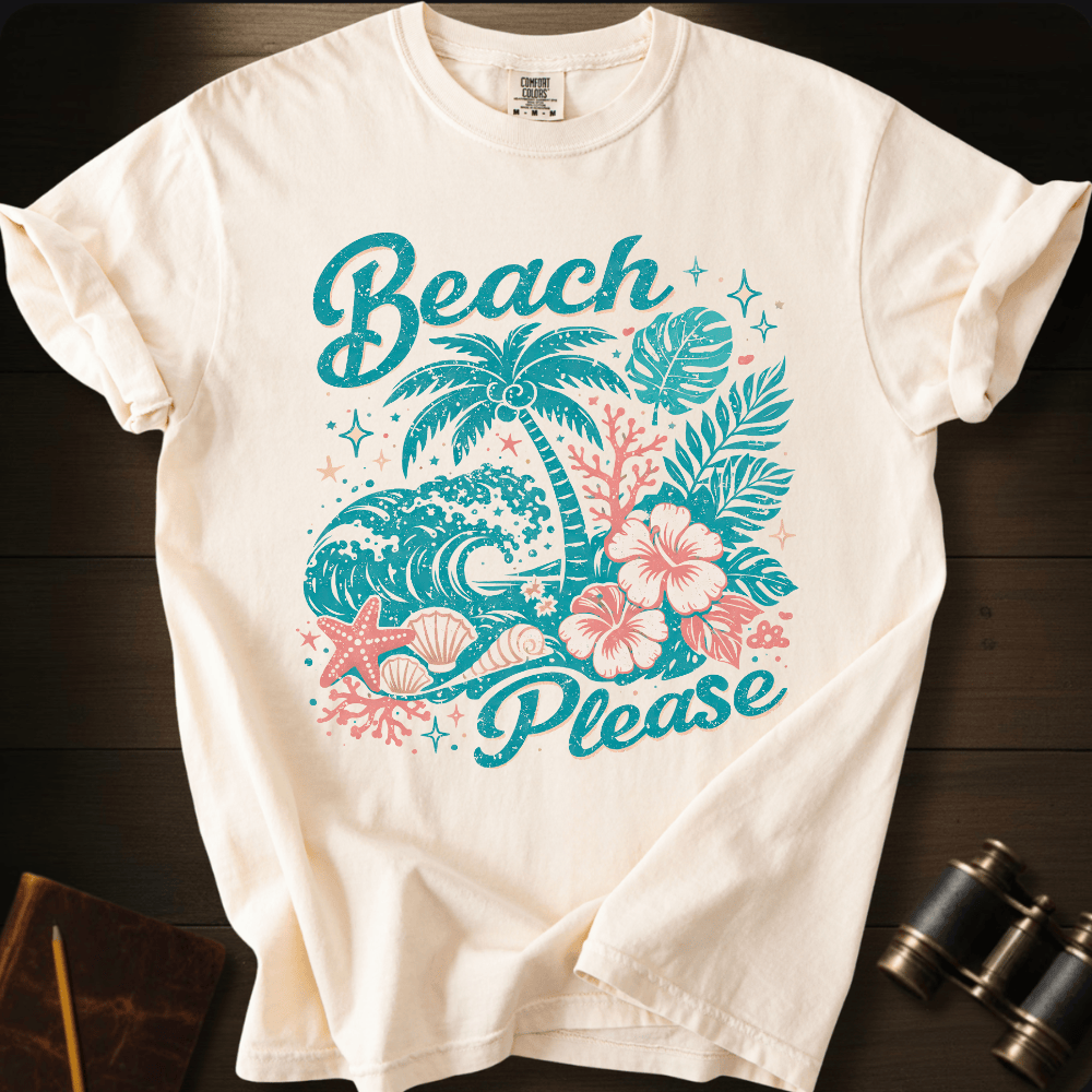 Full Sail Marine Beach Please tropical graphic Comfort Colors t-shirt in Ivory – palm trees waves hibiscus flowers starfish seashells beach art design – front view