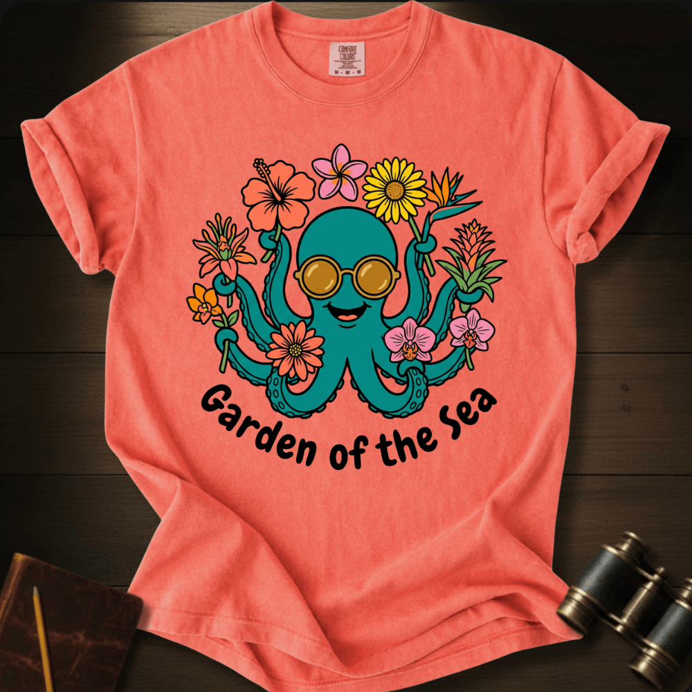 Full Sail Marine Garden of the Sea colorful octopus with sunglasses and flowers graphic Comfort Colors t-shirt in bright salmon – tropical ocean art design – front view