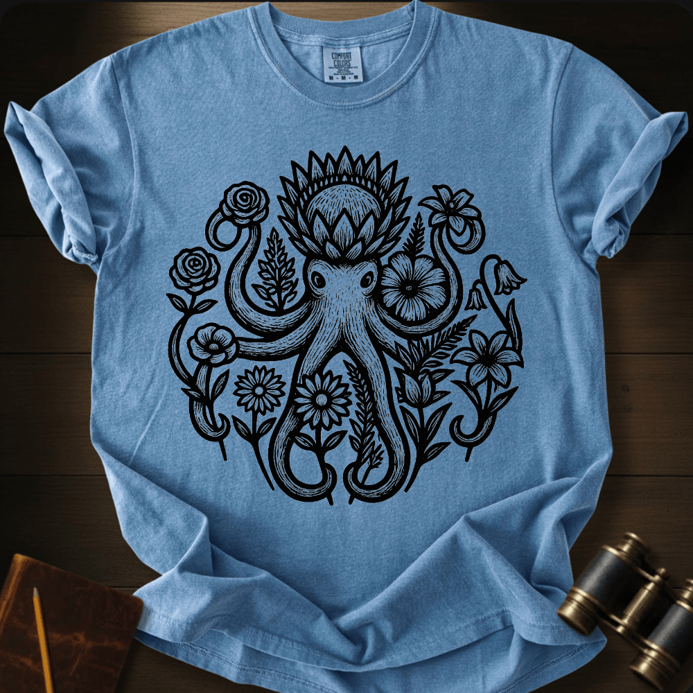Full Sail Marine Savage Bloom floral octopus graphic Comfort Colors t-shirt in blue jean – detailed botanical kraken ocean art design – front view