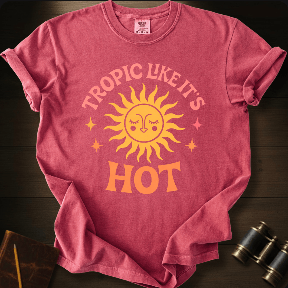 Full Sail Marine Tropic Like Its Hot sun face graphic Comfort Colors t-shirt in Crimson – retro sunshine with sparkle stars tropical summer text design – front view
