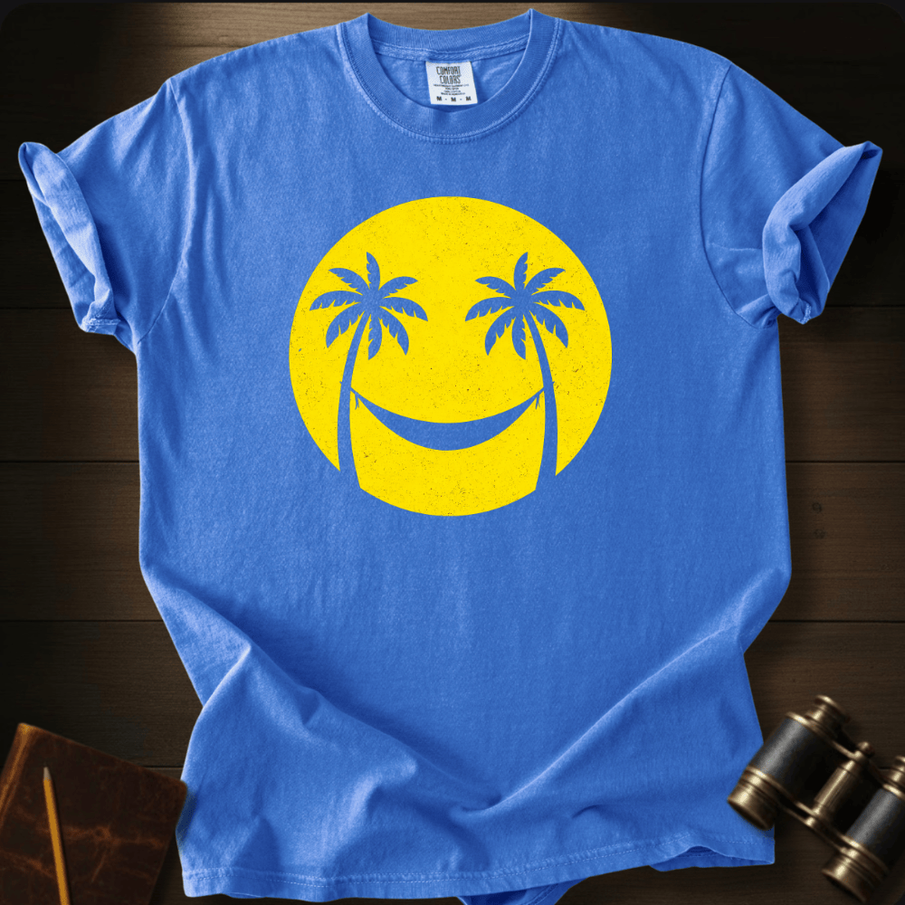 Full Sail Marine Smiley Sun palm tree smiley face graphic Comfort Colors t-shirt in flo blue – happy sunshine tropical design – front view