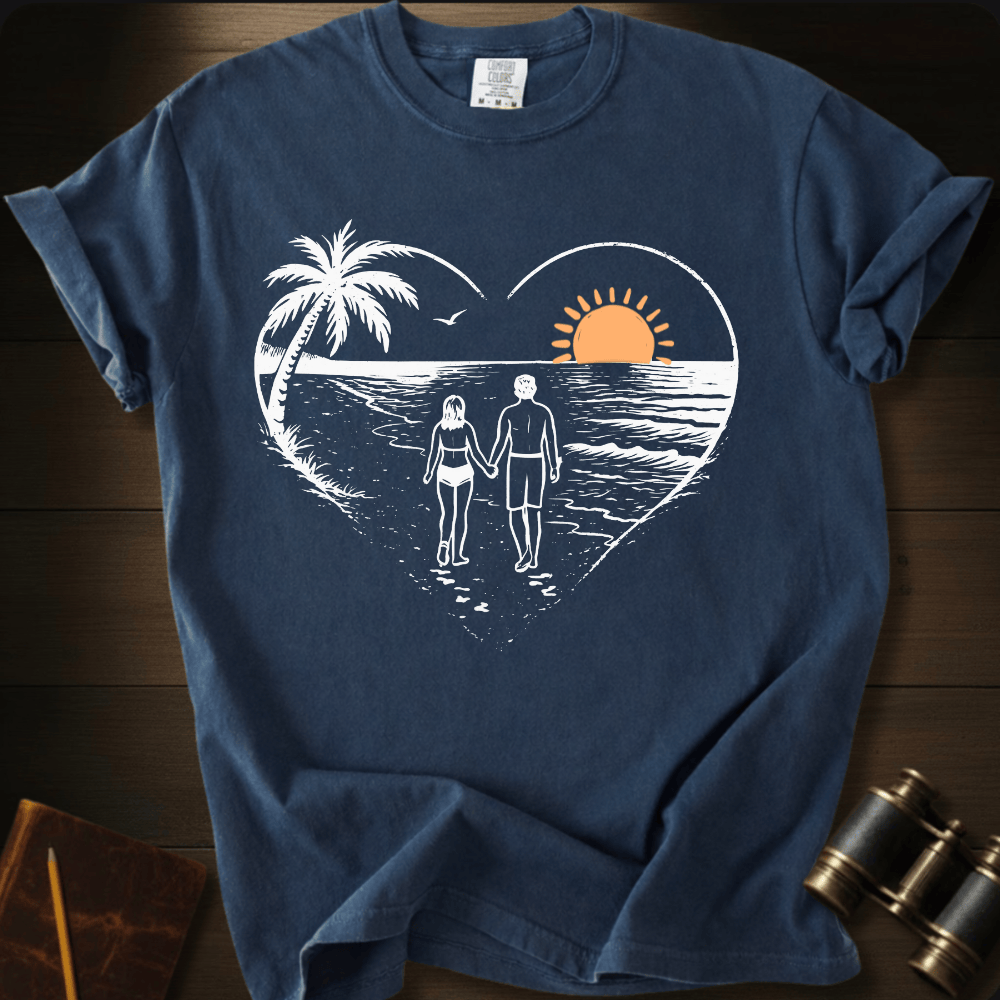 Full Sail Marine Sunset Walk beach couple heart graphic Comfort Colors t-shirt in navy blue – romantic sunset palm tree ocean scene – front view