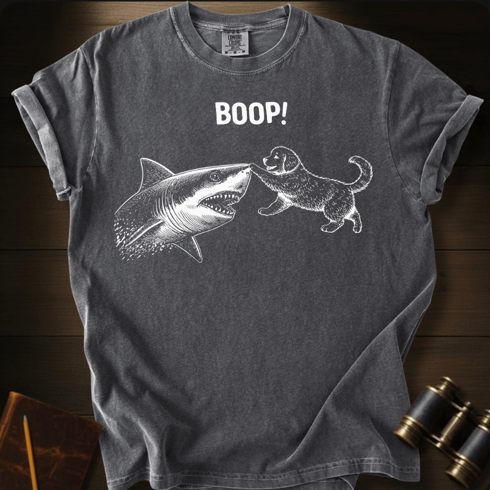 Full Sail Marine Puppy Boop shark graphic Comfort Colors t-shirt in pepper gray – puppy booping great white shark nose – front view