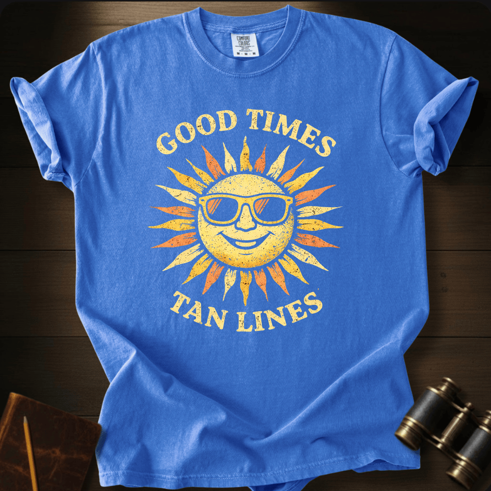 Full Sail Marine Good Times Tan Lines sun with sunglasses graphic Comfort Colors t-shirt in flo blue – retro smiling sun wearing shades with Good Times Tan Lines text design – front view