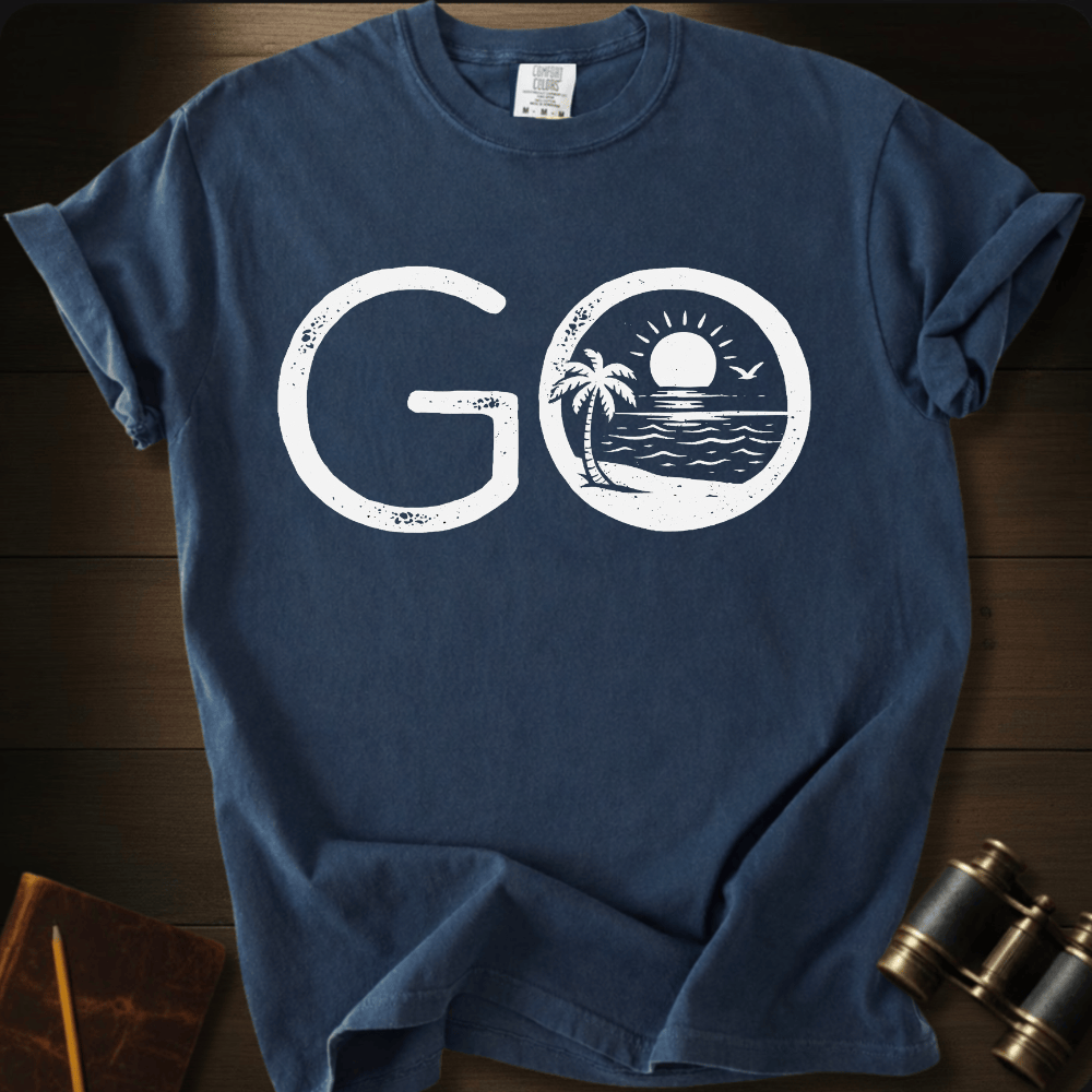 Full Sail Marine Go! tropical beach palm tree graphic Comfort Colors t-shirt in blue jean – GO text with sunset ocean scene – front view