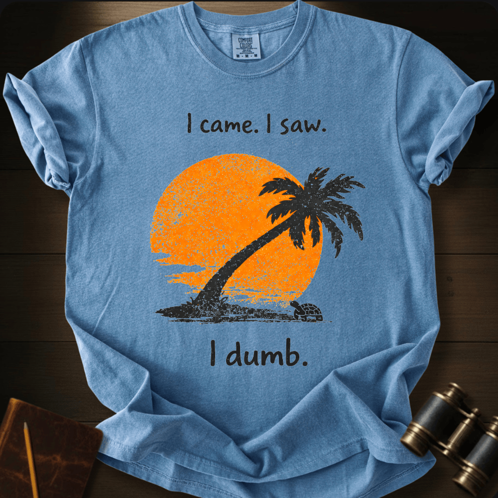 Full Sail Marine I Came I Saw I Dumb sunset palm tree graphic Comfort Colors t-shirt in Blue Jean – orange sun with palm tree silhouette beach scene funny text design – front view