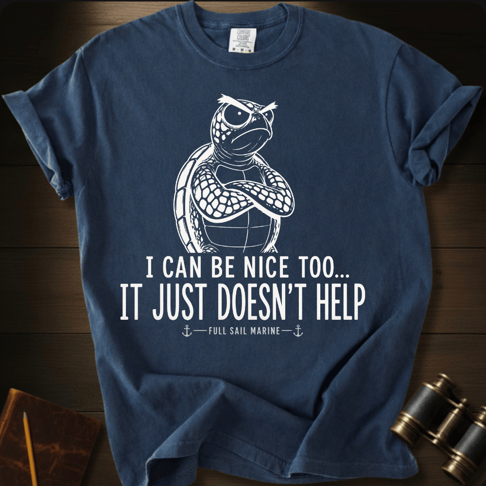 I Can Be Nice shark ocean humor graphic on a Comfort Colors unisex tee – Full Sail Marine apparel