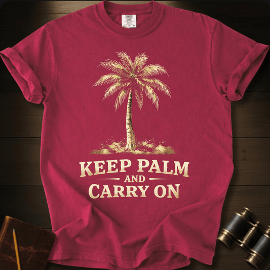 Full Sail Marine Keep Palm and Carry On vintage palm tree graphic Comfort Colors t-shirt in crimson – tropical beach parody design – front view