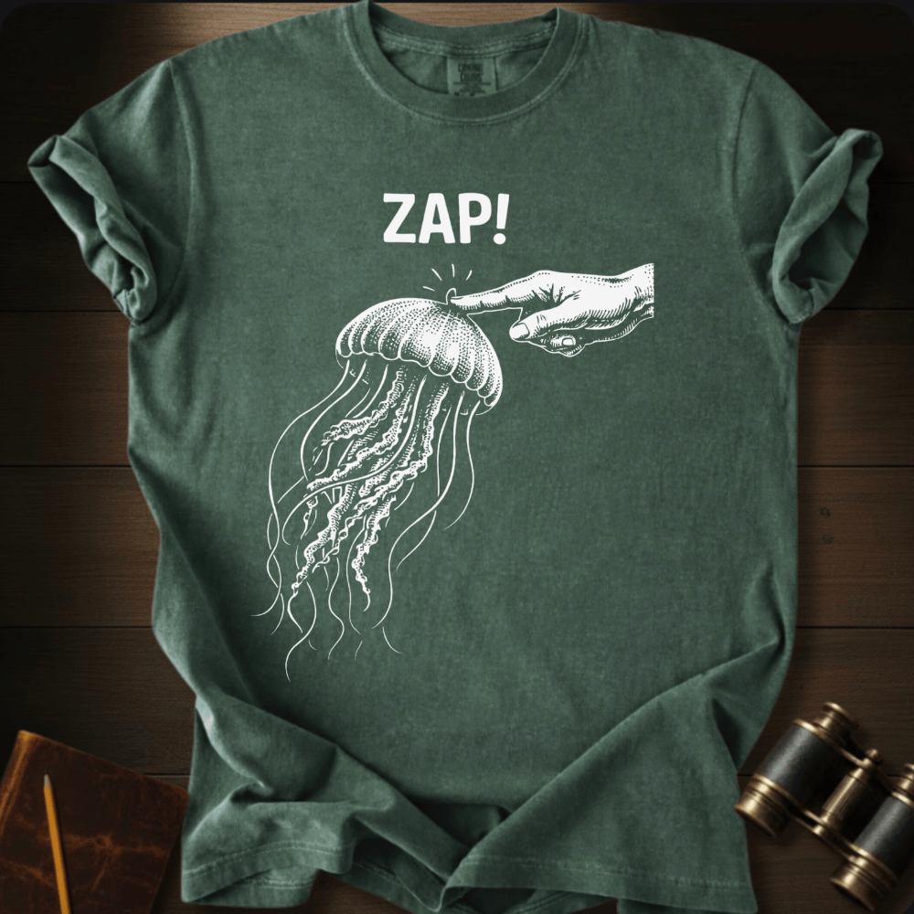Full Sail Marine Zap! jellyfish graphic Comfort Colors t-shirt in moss green – white jellyfish being touched by hand with ZAP text design – front view