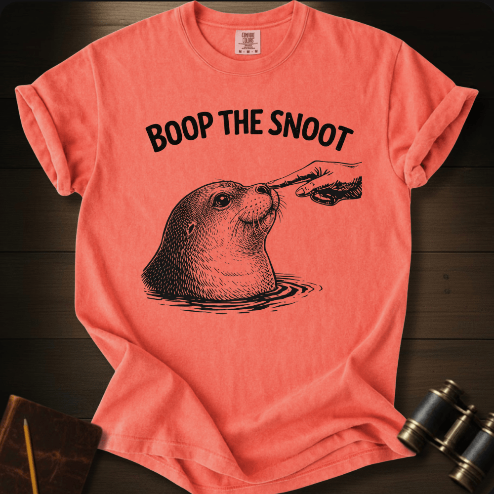 Full Sail Marine Boop the Snoot seal graphic Comfort Colors t-shirt in bright salmon – navy seal being booped on nose by hand with BOOP THE SNOOT text design – front view