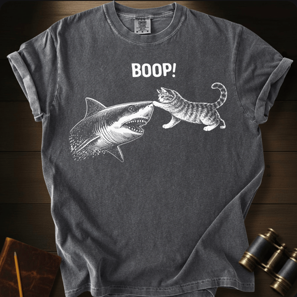 Full Sail Marine Cat Boop shark graphic Comfort Colors t-shirt in pepper gray – cat booping great white shark nose – front view
