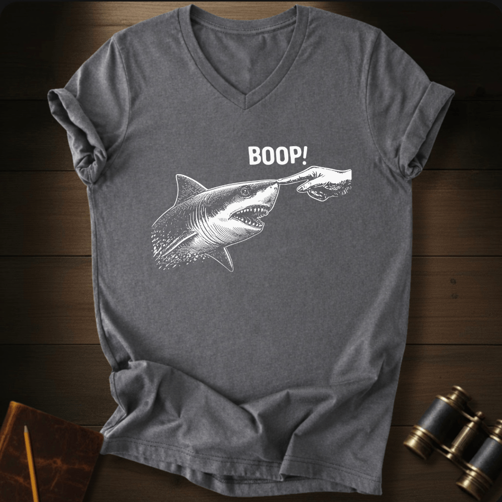 Full Sail Marine Boop shark nose touch graphic Comfort Colors v-neck t-shirt in gray – great white shark booping finger ocean art funny design – front view