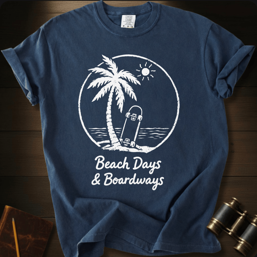 Full Sail Marine Beach Days and Boardways palm tree skateboard graphic Comfort Colors t-shirt in navy blue – tropical beach surf scene – front view