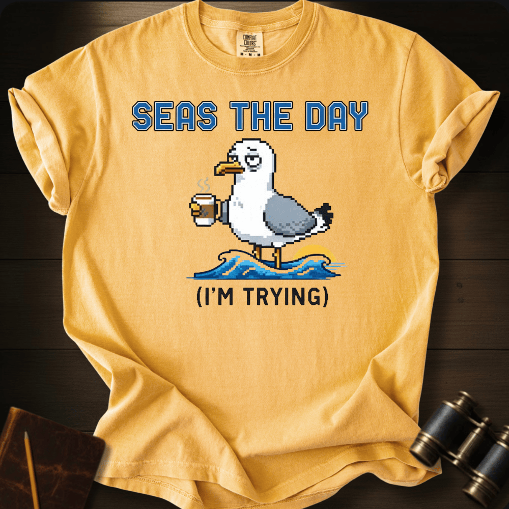 Seas the Day nautical graphic on a Comfort Colors unisex tee – Full Sail Marine sailing apparel