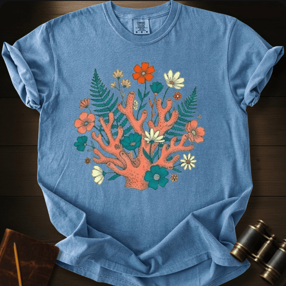 Full Sail Marine Ocean Garden coral reef and wildflower graphic Comfort Colors t-shirt in blue jean – botanical ocean art design – front view