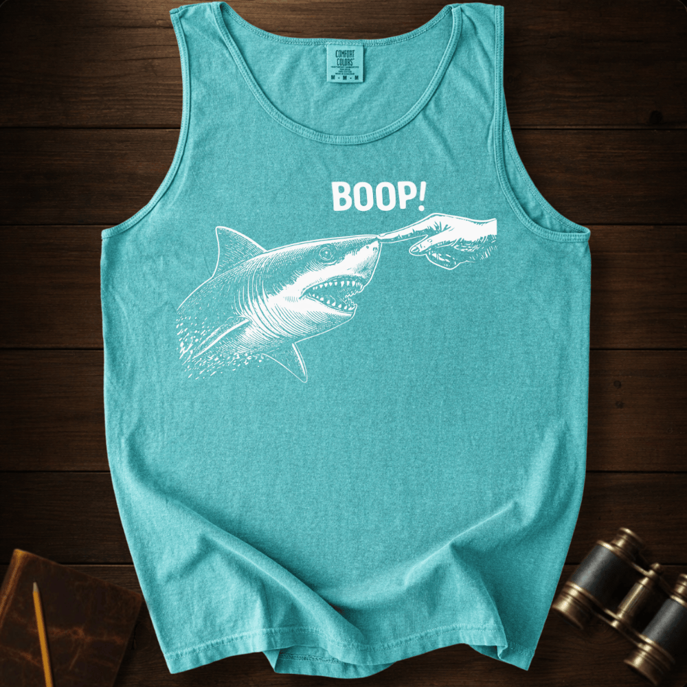 Full Sail Marine Boop shark nose touch graphic Comfort Colors tank top in Chalky Mint – great white shark booping finger ocean art funny design – front view