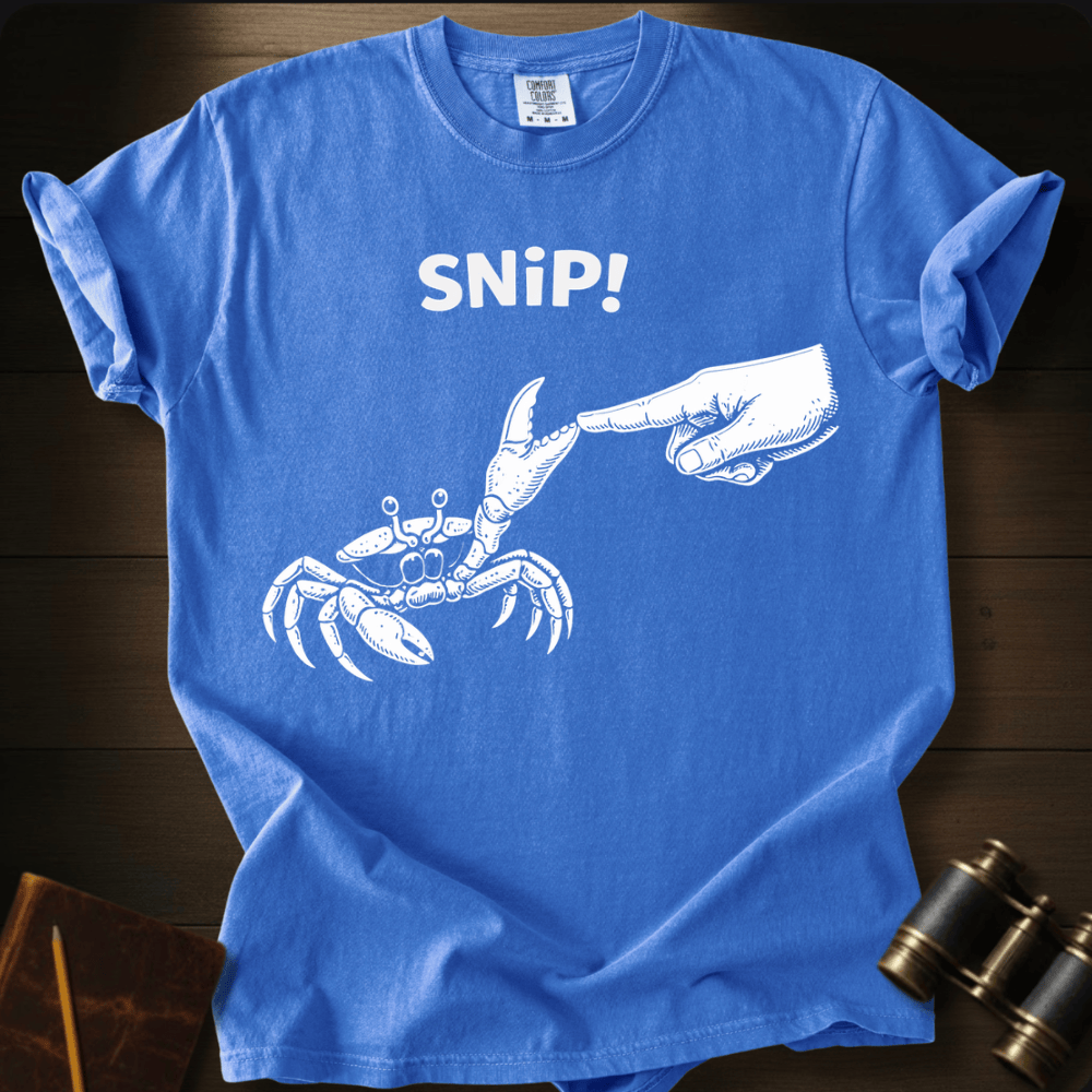 Full Sail Marine Snip! crab and hand graphic Comfort Colors t-shirt in flo blue – white crab claw snipping hand with SNiP text design – front view