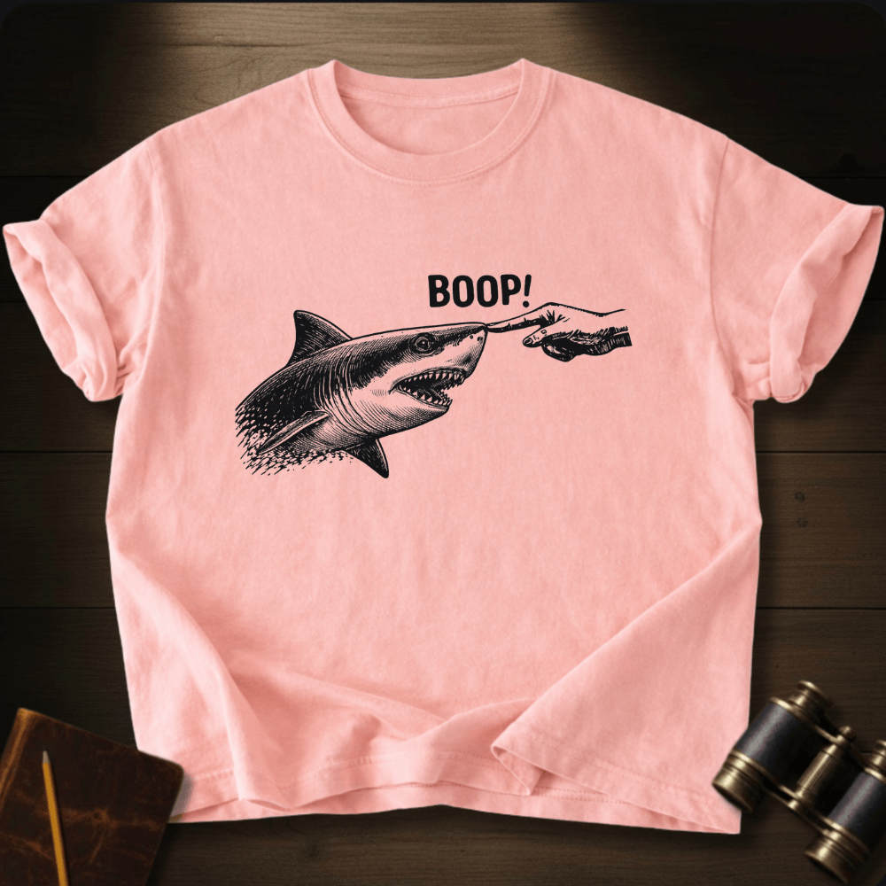 Full Sail Marine Boop shark nose touch graphic Comfort Colors women's boxy tee in pink – great white shark booping finger ocean art funny design – front view