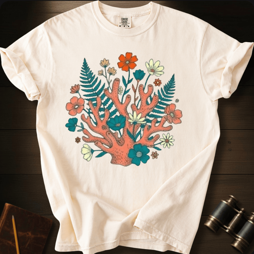Full Sail Marine Ocean Garden coral reef and wildflower graphic Comfort Colors t-shirt in ivory – botanical ocean art design – front view