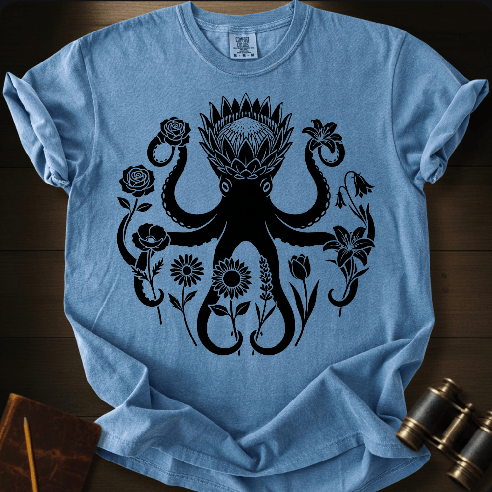 Full Sail Marine Wild Bloom Kraken floral octopus graphic Comfort Colors t-shirt in blue jean – botanical kraken ocean art design – front view