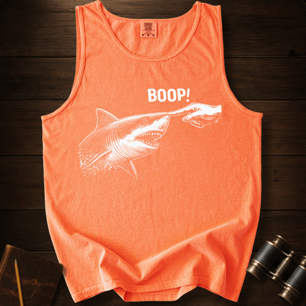 Full Sail Marine Boop shark nose touch graphic Comfort Colors tank top in Melon – great white shark booping finger ocean art funny design – front view