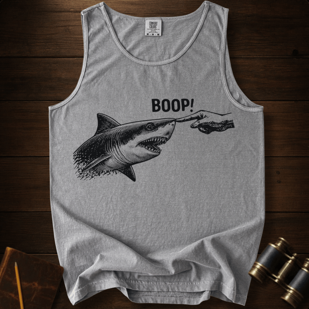 Full Sail Marine Boop shark nose touch graphic Comfort Colors tank top in Grey – great white shark booping finger ocean art funny design – front view