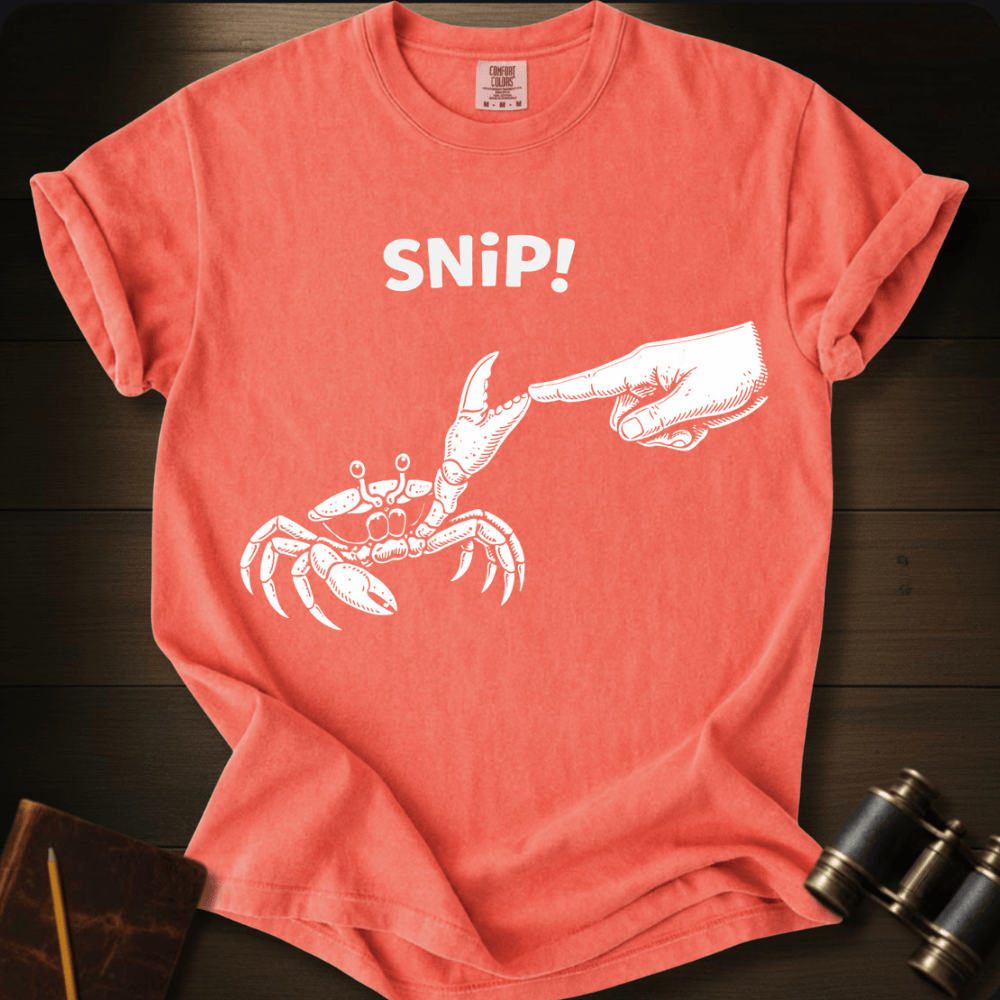 Full Sail Marine Snip! crab and hand graphic Comfort Colors t-shirt in bright salmon – white crab claw snipping hand with SNiP text design – front view