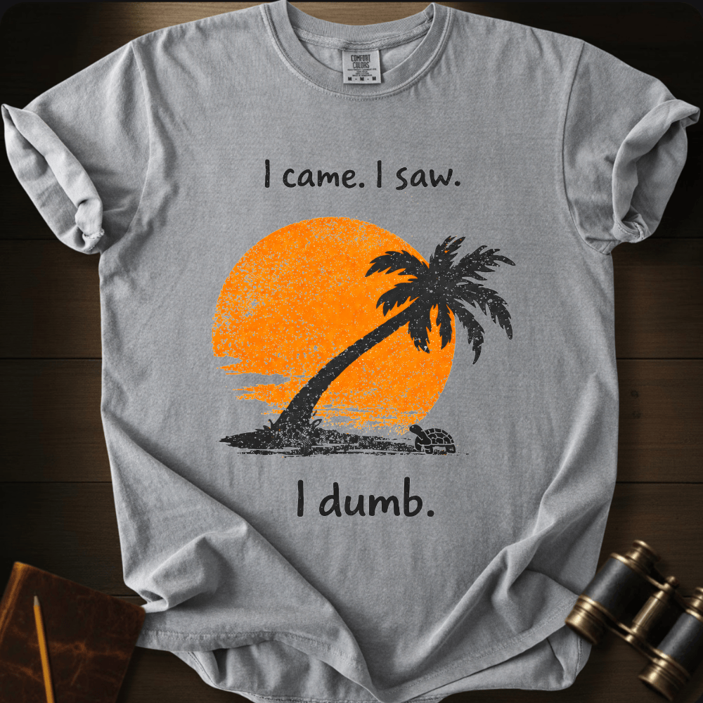 Full Sail Marine I Came I Saw I Dumb sunset palm tree graphic Comfort Colors t-shirt in Grey – orange sun with palm tree silhouette beach scene funny text design – front view