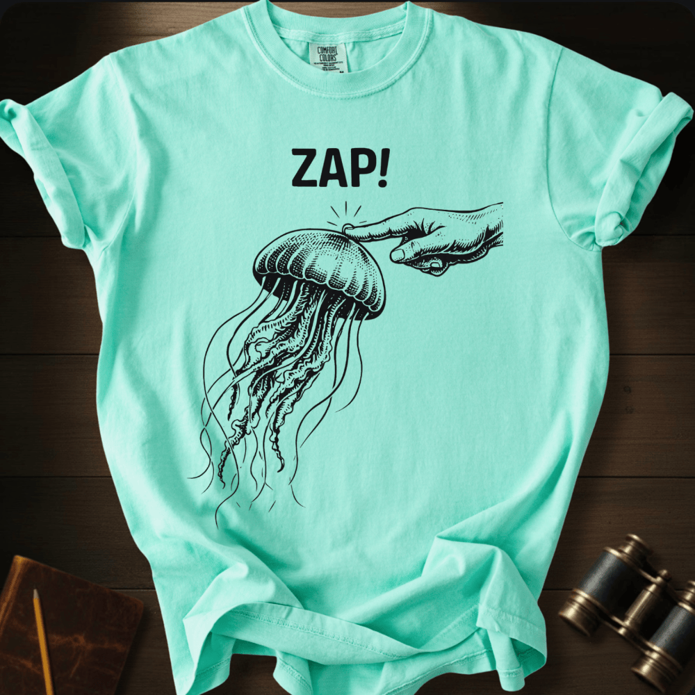 Full Sail Marine Zap! jellyfish graphic Comfort Colors t-shirt in island reef mint – navy jellyfish being touched by hand with ZAP text design – front view