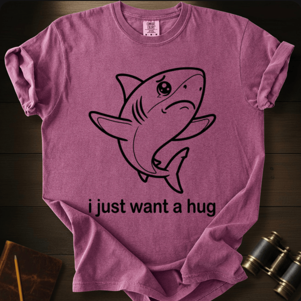 I Just Want a Hug shark humor graphic on a Comfort Colors t-shirt – Full Sail Marine ocean apparel