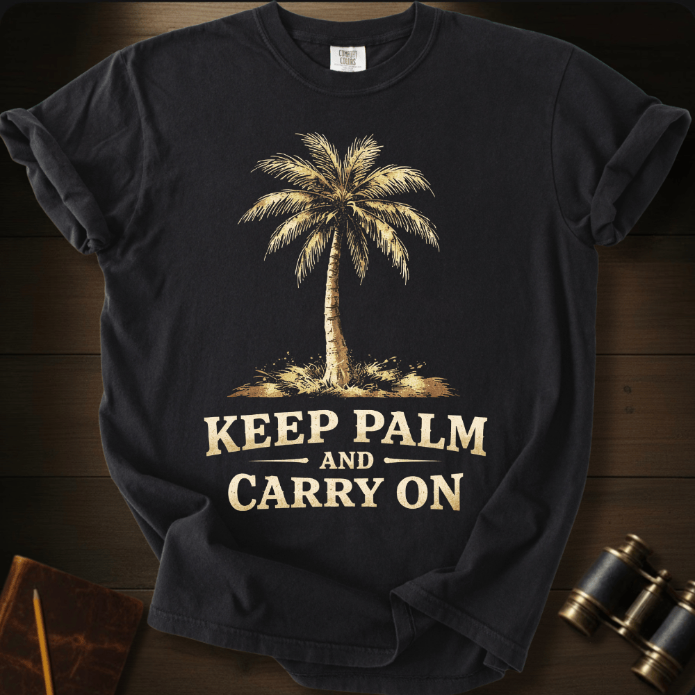 Full Sail Marine Keep Palm and Carry On vintage palm tree graphic Comfort Colors t-shirt in black – tropical beach parody design – front view